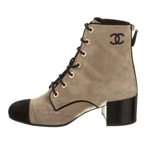 Chanel Interlocking CC Logo Suede CC Lace Up Short Heeled Cap Toe Boots